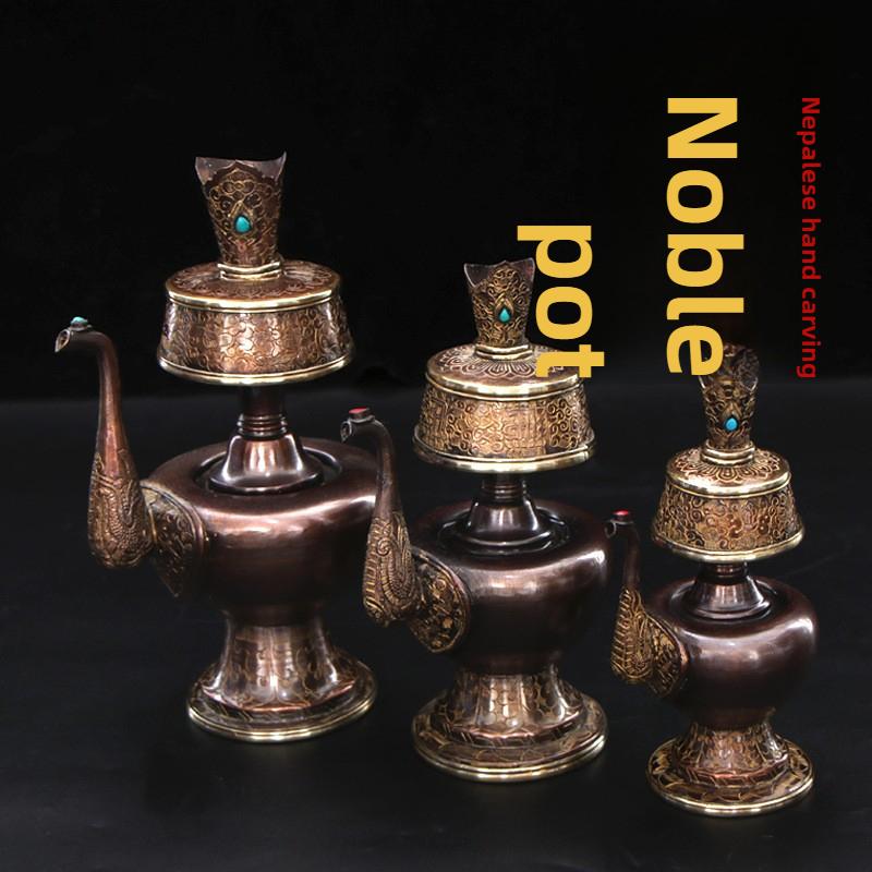 Tibetan Gilded Offering Bumpa Pot Nepal Purple Copper Engraved Holy Water Bottle Career Treasure Vase