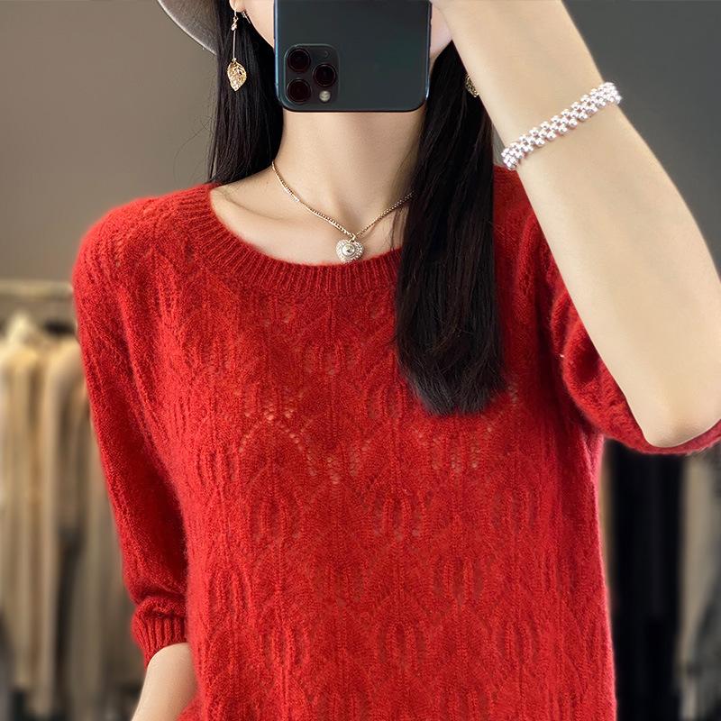 Hollow Thin Knitted Base Spring and Summer New Loose Embroidered Fashionable Versatile Round Neck Five-point Sleeve Top