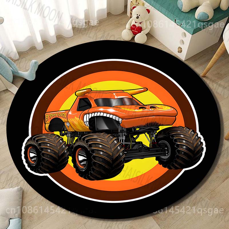 1PC Cartoon Monster Truck Print Round Carpet for Living Room Rugs Flannel Anti-Slip Rug for Bedroom Sofa Table Home Area Rug