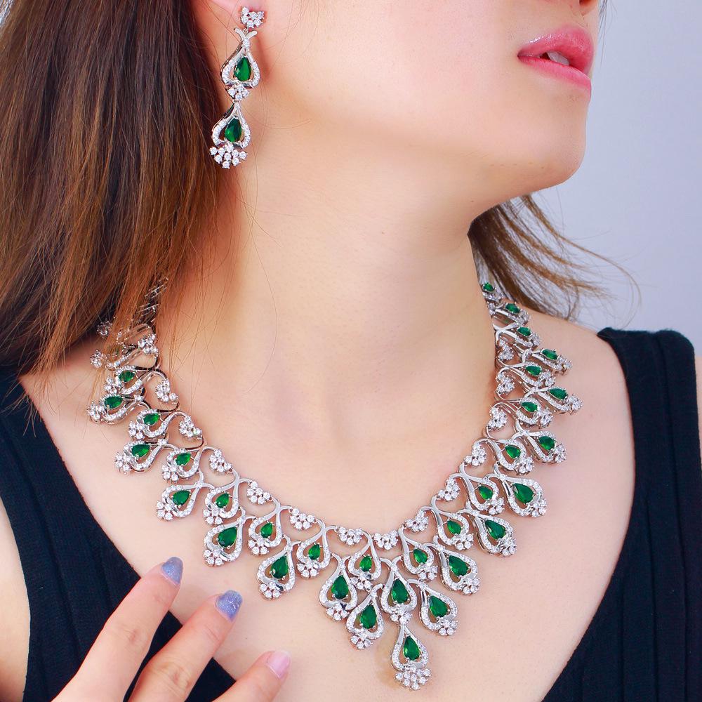 Emerald Crystal Zircon Necklace & Earring Set - Luxury European & American Fashion Bridal Accessories
