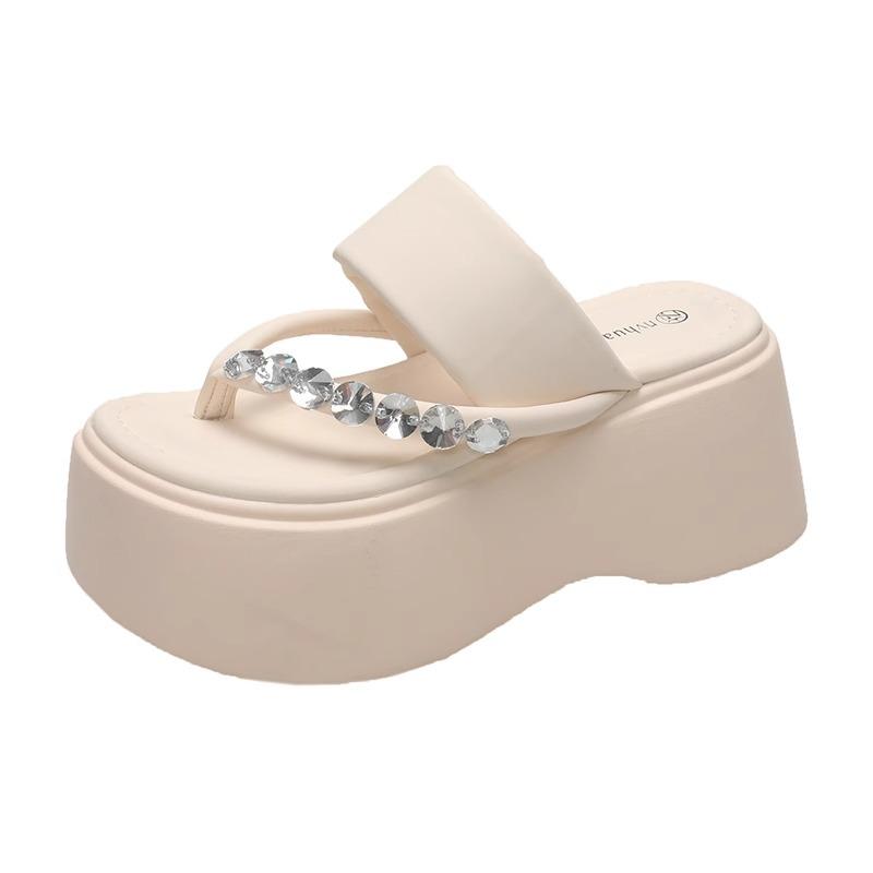 Thick-soled Flip-flops for Women's 2025 Summer New Rhinestone Sandals for Small People To Increase Their Height, Muffin Bottom Beach Cool Slippers