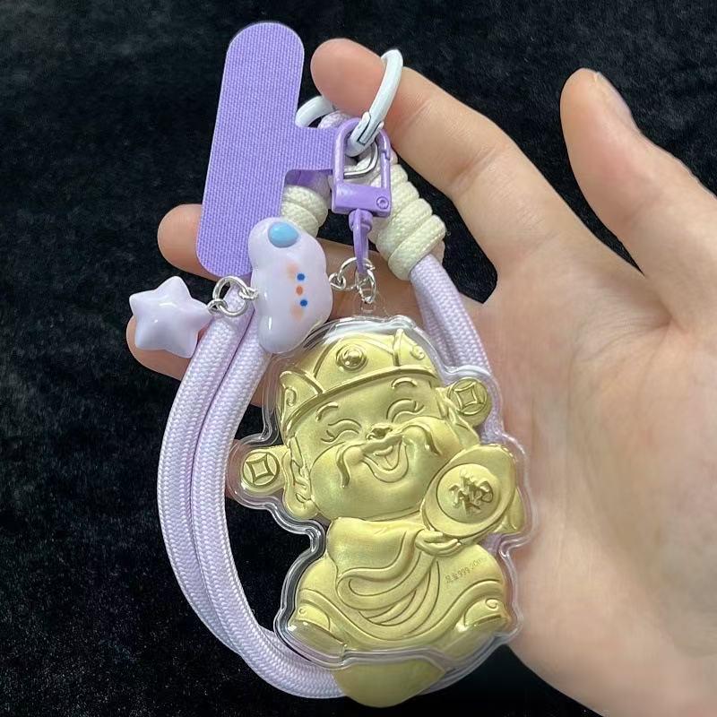 Shuibei 999 Fine Gold Lucky Cat Wealth Ingot Mobile Phone Lanyard & Bag Pendant