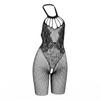 Women Sexy Hollow Out Open Crotch Halter Jacquard Black Bodystocking Mesh Intimate Lingerie