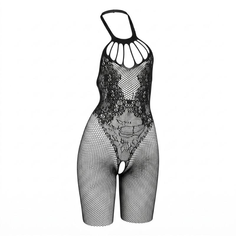 Women Sexy Hollow Out Open Crotch Halter Jacquard Black Bodystocking Mesh Intimate Lingerie