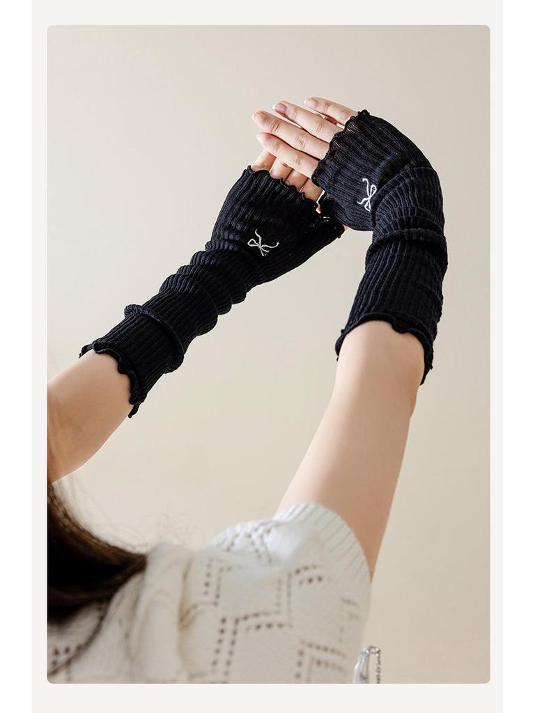 Y2K Millennial Lace-Up Ruffle Cute JK Lolita Bracelet Gloves with Ribbon Sleeves