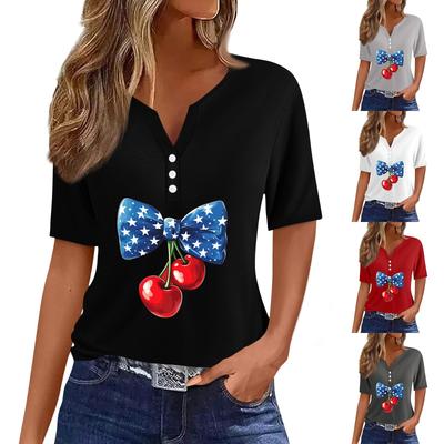 Camiseta para Mujer Estampado Día de la Independencia Botón Manga Corta Diario Fin de Semana Moda Básica Cuello en V Regular Top