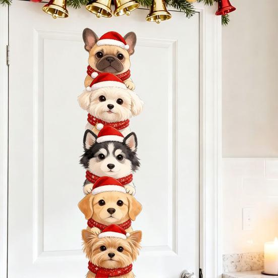 Christmas Wall Decals for Home Puppy Stickers, Removable Self-adhesive Dog Walls Doors, PVC Stacked Puppies Cute Santa Room Decor Art with Hats