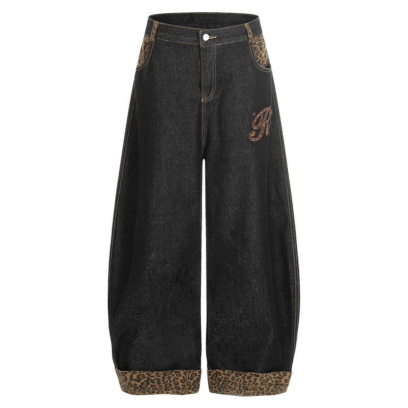 

Hip-Hop Trendy Brand High-End Embroidered Patchwork Leopard Print Denim Pants for Men, American High Street Style, Loose and Versatile Wide-Leg Pants Washed Black M