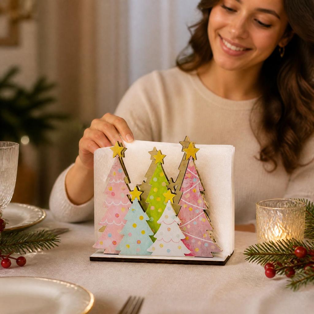 Wooden Christmas Tree Napkin Holder with Polka Dot Design, Holiday Tabletop Decoration