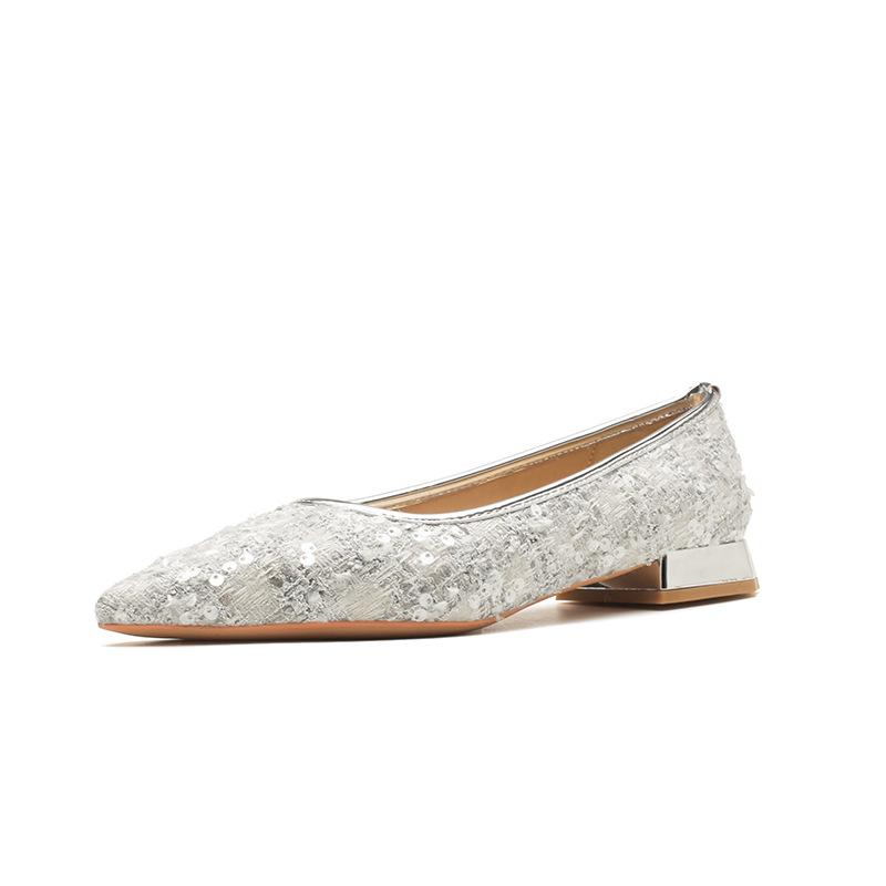 29808 [sheepskin] Flat Shoes Women's Spring 2025 New Pointed Sequins Temperament Low Heel Shallow Mouth Single Shoes