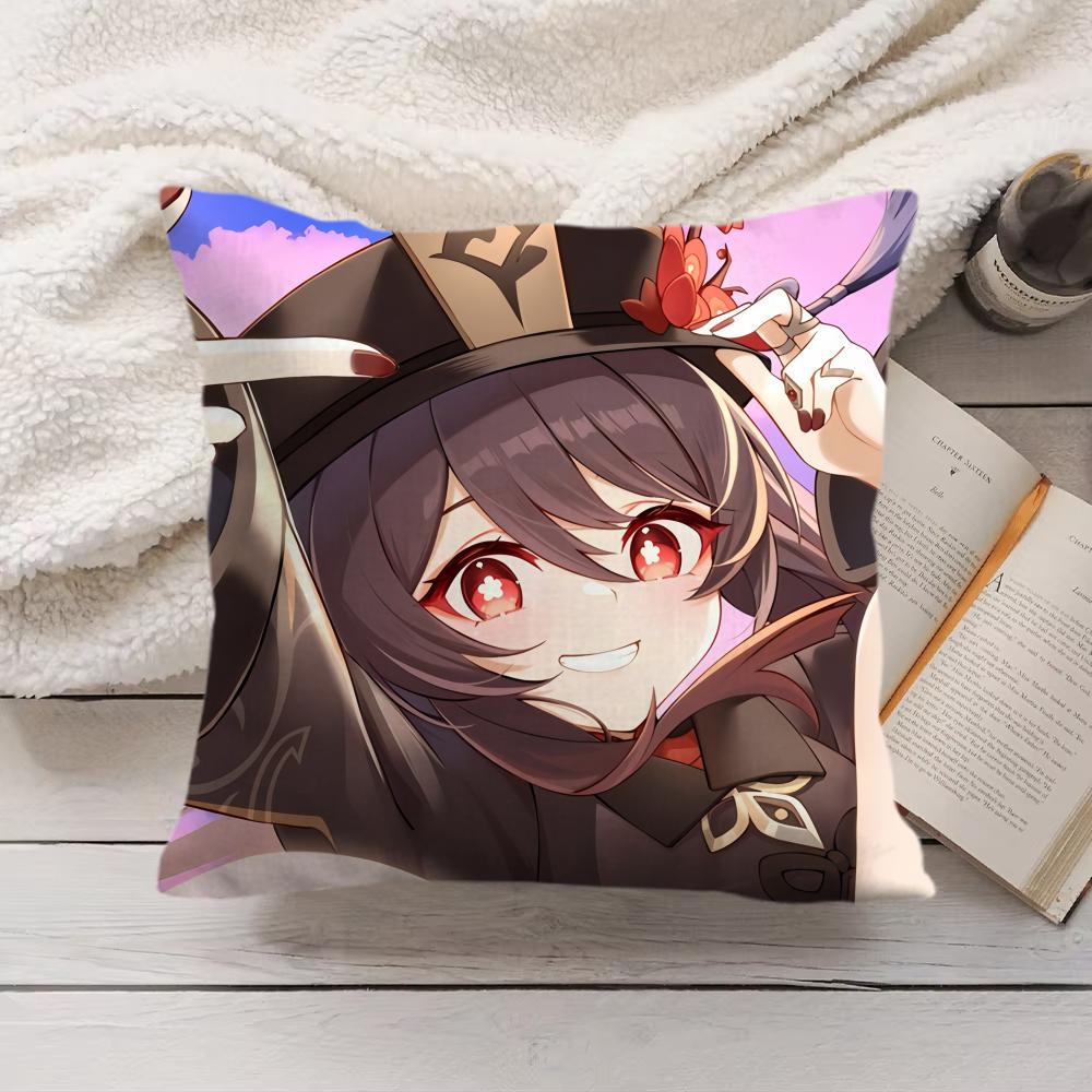 Cute Hu Tao Genshin Impact Cushion Cover Silky Short Plush Invisible Zipper Dustproof Sofa Pillow Case For Home Decor