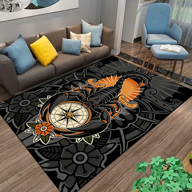 "Scorpion Compass Black Orange Carpet with Floral Gothic Design" Suitable for use as an anti-slip for living room bedroom sofas
