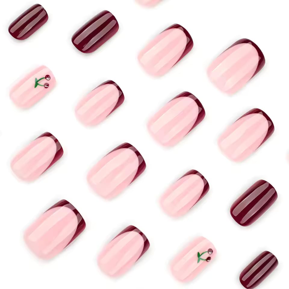Nakhi 24 Pcs Short Square Press On Nails Cherry Red French Tip Glossy Fake Nails Reusable Artificial Nails Kit for Women Cute Nail Art