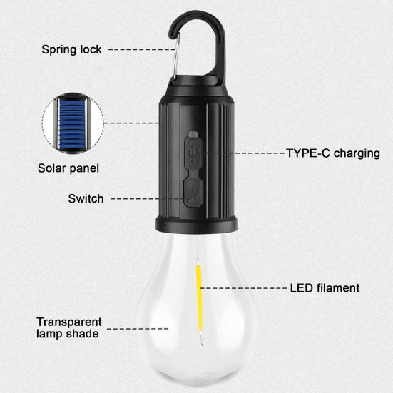 Tent Lamp Portable LED Camping Light Super Bright Flicker Free Waterproof Rechargeable Emergency Light Bulb Solar Lantern