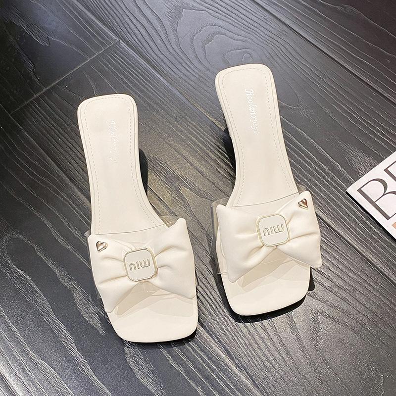 

Temperament one-word drag female outer wear 2025 summer Korean version new square head bow high heel fairy wind cool slippers female 35