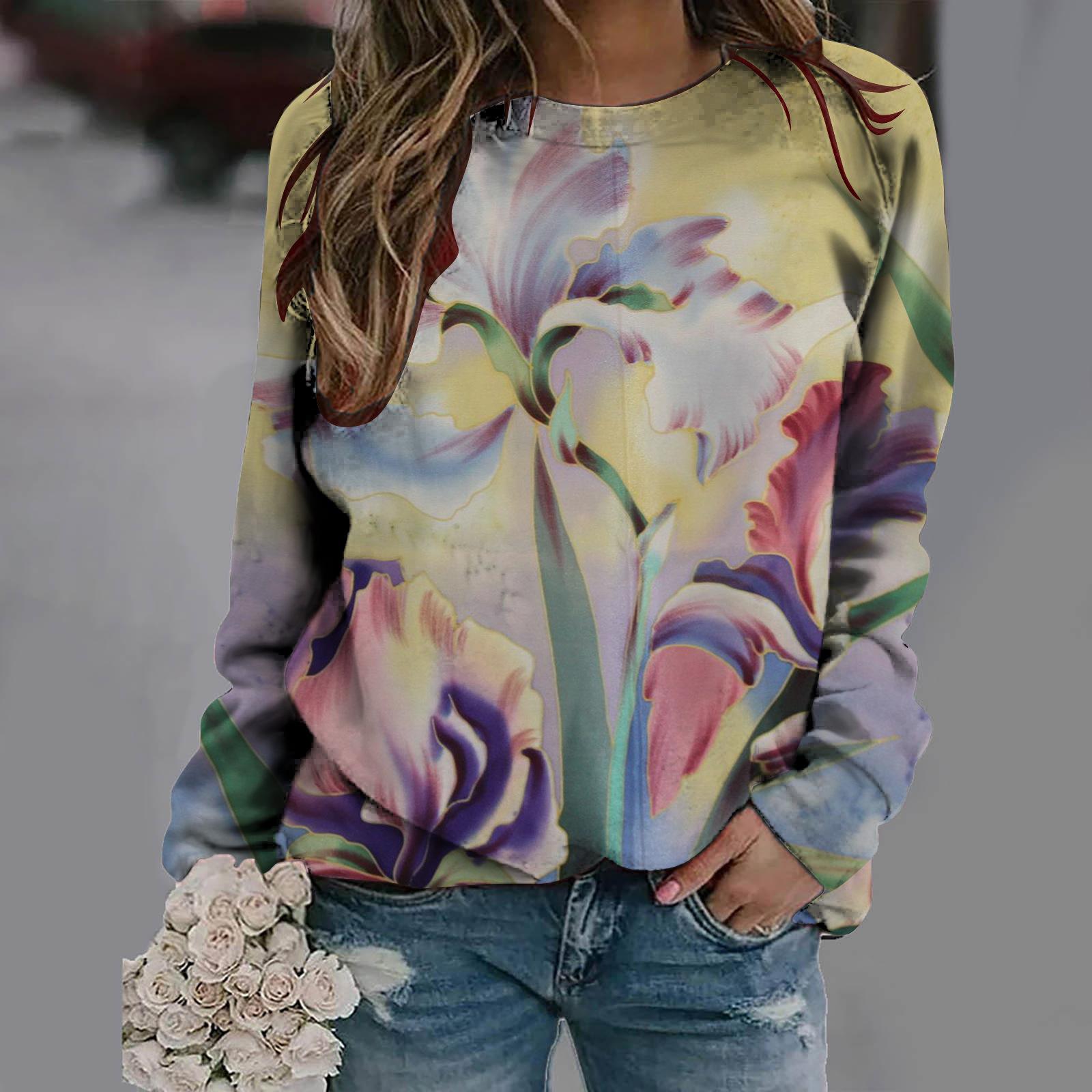 

New loose casual 3D floral print pattern women s round neck long sleeved T-shirt 5XL