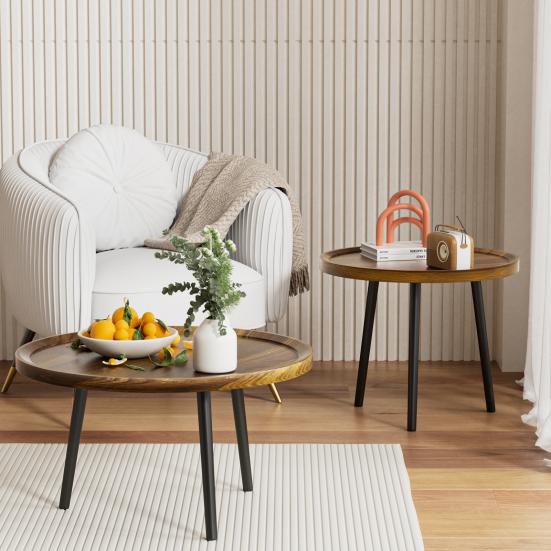 Tea Table Combo, Coffee Table Set, Round Side Table Set in 2 Sizes, Easy Assembly Nesting Coffee Tables, Mid Century Round Coffee Table
