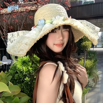 Fashion Flower Lafite Straw Hat Big Brimmed Sun Protection Vacation Beach Cap Sunshade Breathable Woven Sun Cap Performances