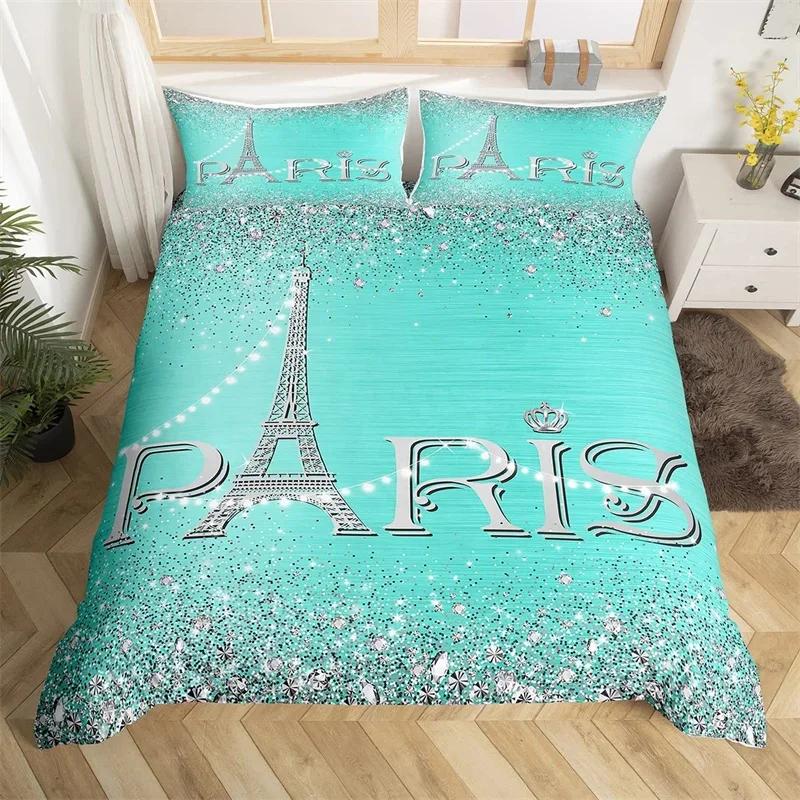 Eiffel Tower Duvet Cover Set Single Twin King For Kids Girl Teen Room Paris Bedding Set Microfiber Gradient Diamond Quilt Cover