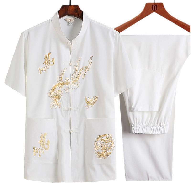 Middle-aged and Elderly Chinese Style Tang Suit Dad Summer Short-sleeved Suit Grandpa Summer Chinese Button-down Shirt and Pants Two-piece Set