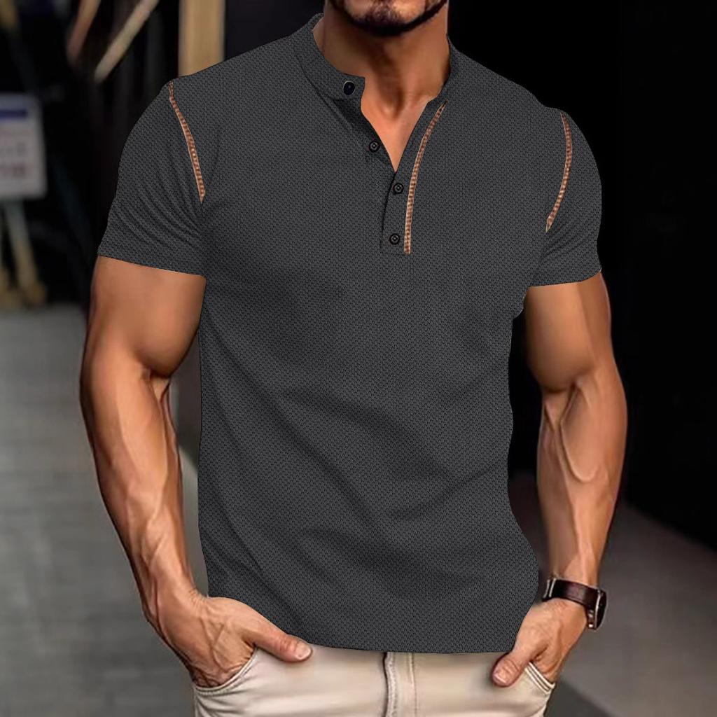 Mens Muscle Slim Henley Shirts Short Sleeve Athletic T-Shirts Summer Button Tees