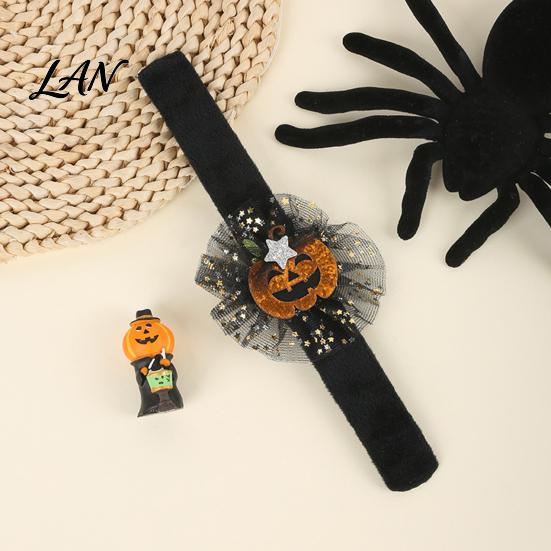 Adjustable Resilient Steel Plate Bracelets Stuffed Halloween Slap for Kids, Plush Pumpkin Ghost Skull Cute Wrist Assorted Pattern Bands Band