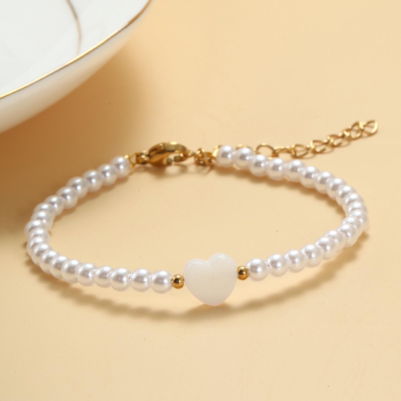 European and American cross-border faux pearl heart bracelet, INS niche bestie sweet ladies pearl peach heart bracelet, adjustable