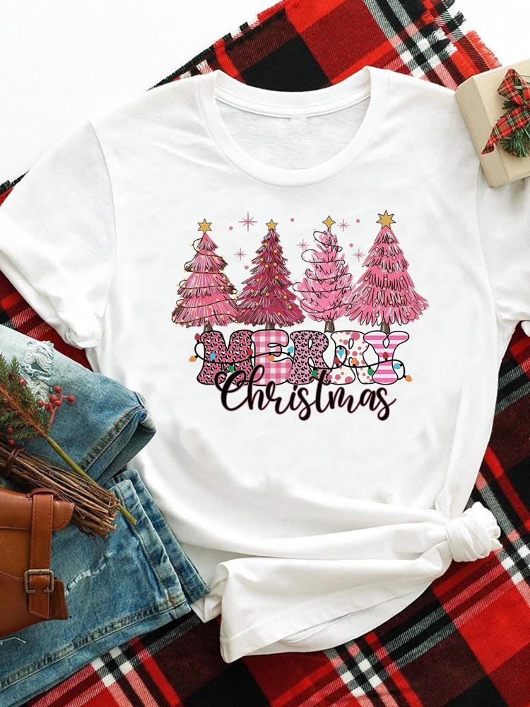 (Asian Size) merry Christmas new year o-neck Women's Top T Clothing Print bow style trend Short Sleeve T-shirts Fashion holiday Graphic Tee