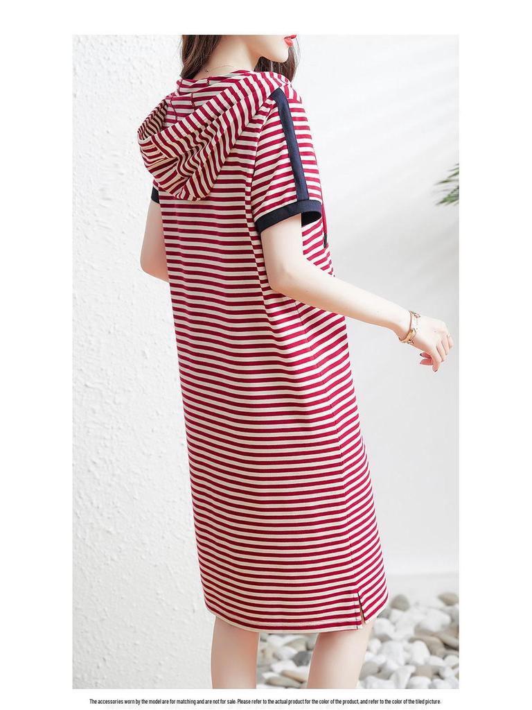 Women's Summer 2023 Elegant Striped Hooded Mid-Length Dress