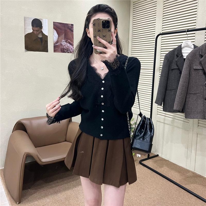 Autumn Long Sleeve Base Cardigan Jackets Women Elegant Slim Fit V-neck Knitted Women's Sweaters Coat Winter Lace Patchwork Cardigans Sweater 25854