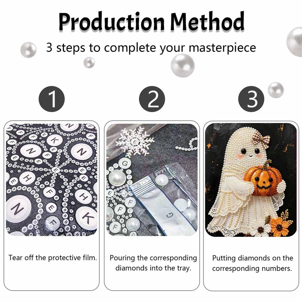 Frameless Pearl Bead Painting Kit Cute Ghost Pumpkin Design DIY Handmade Craft Canvas for Home Wall Decor Autumn Seasonal Gift Art