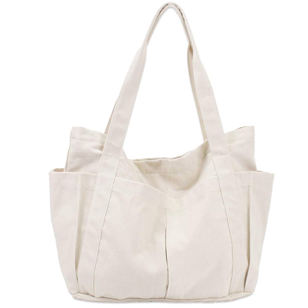 Umetoo Canvas Tote Bag with Zipper, Large Capacity, Multi-Pockets, Unisex, Eco Bag (Beige)