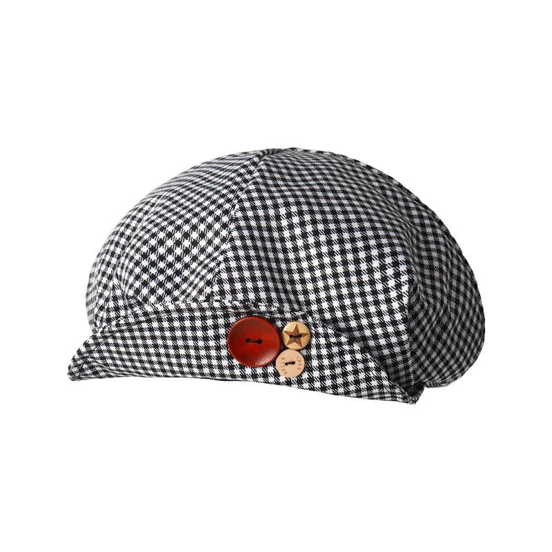 Trendy Y2K Retro Turn-Up Brim Button Plaid Cloud Cap Women Spring Black And White Plaid Beret Octagonal Hat Literary Painter Hat