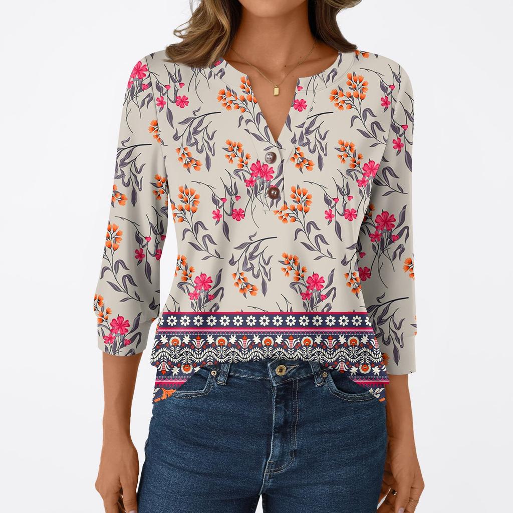 T-shirt Manches 3/4 Décontracté Mode Femme Imprimés Col V Boutonné