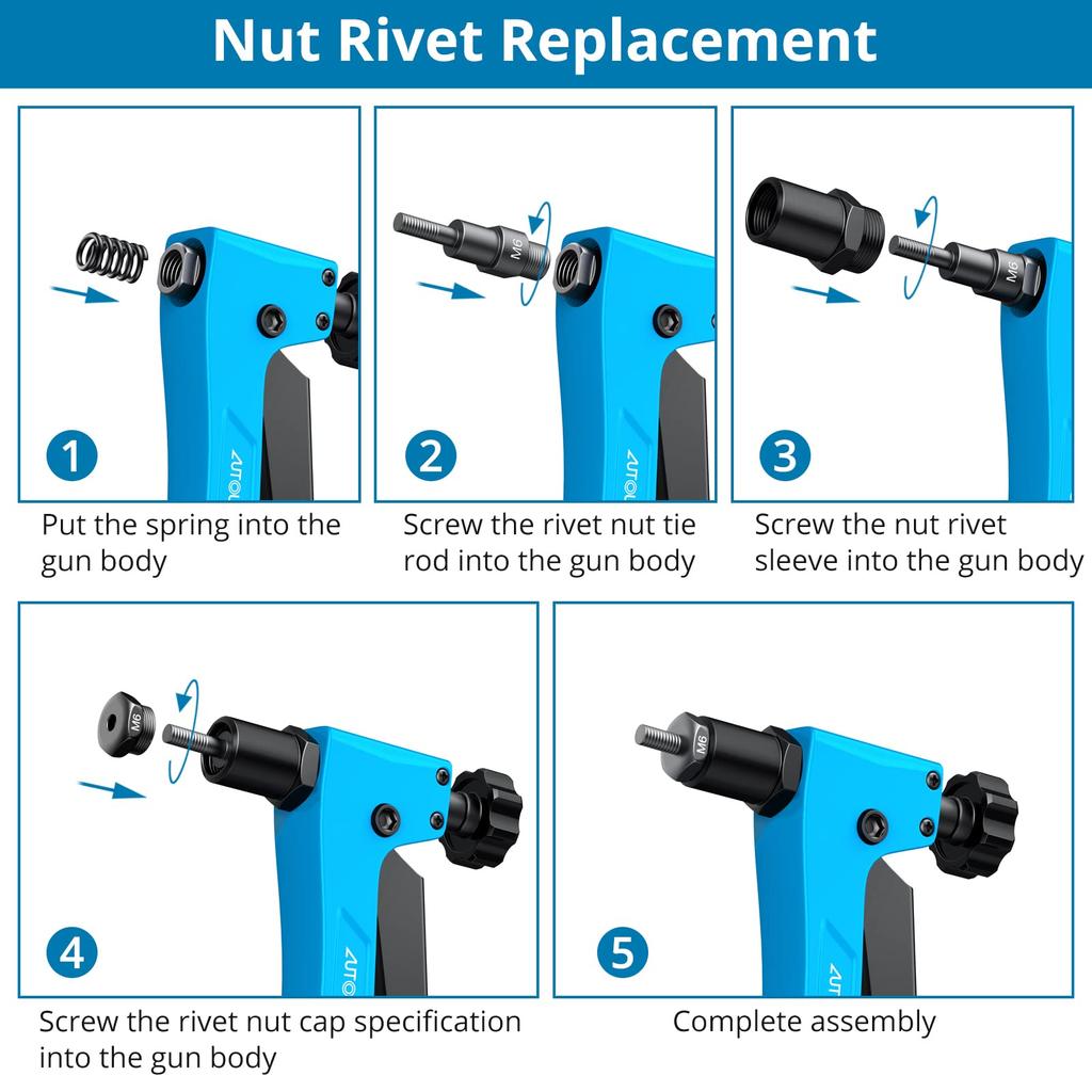 AUTOUTLET Hand Riveter Rivet Nut and Core Rivet Tool Set with Metric Mandrels and Rivet Heads 40 Rivet Nuts and 40 Core Set, 2-in-1 M3-M6 2.4-4.8mm