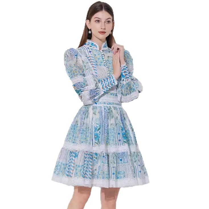 New French Elegant Lace Waist Lantern Sleeve Dress