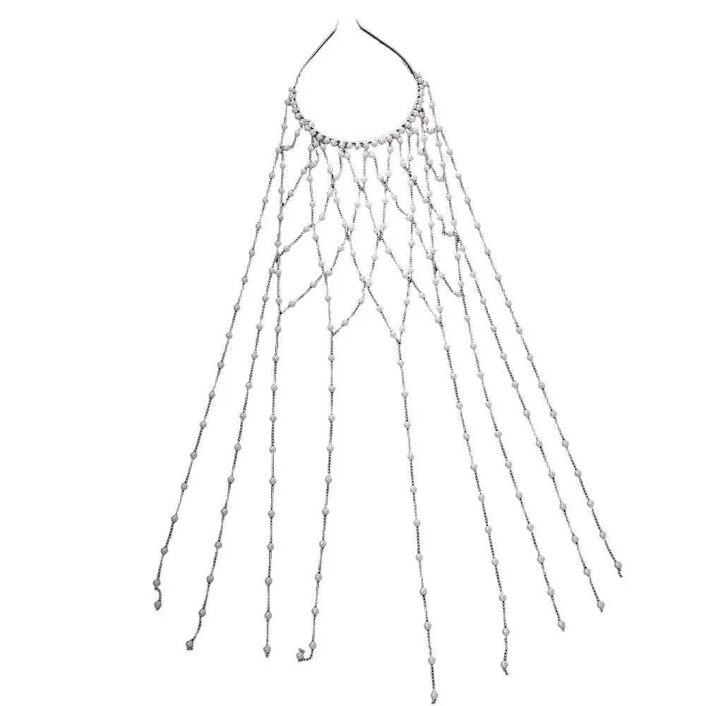Long Tassel Pearl Tassel Headpiece Hollow Mesh Tassel Headband Bridal Hair Chain  Women Gifts