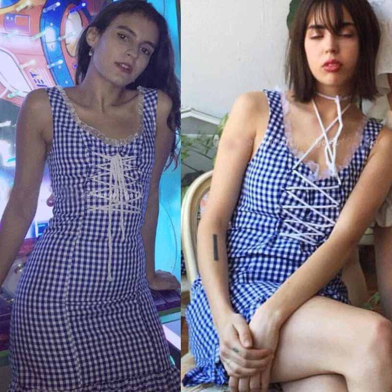 

Распродажа Специальное предложение Обработка Праздничный Сексуальный Кружевной Бретельки Кулиска Синий и Белый Клетчатый Рюши Платье Мини-юбка Shoelace blue and white Gingham Dress L