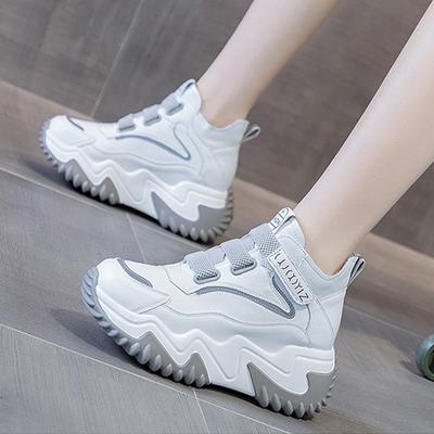 Genuine Leather Shoes Women Sneakers Flat Non-slip Breathable Brand Ladies Height Increasing Shoes 8cm Black Beige
