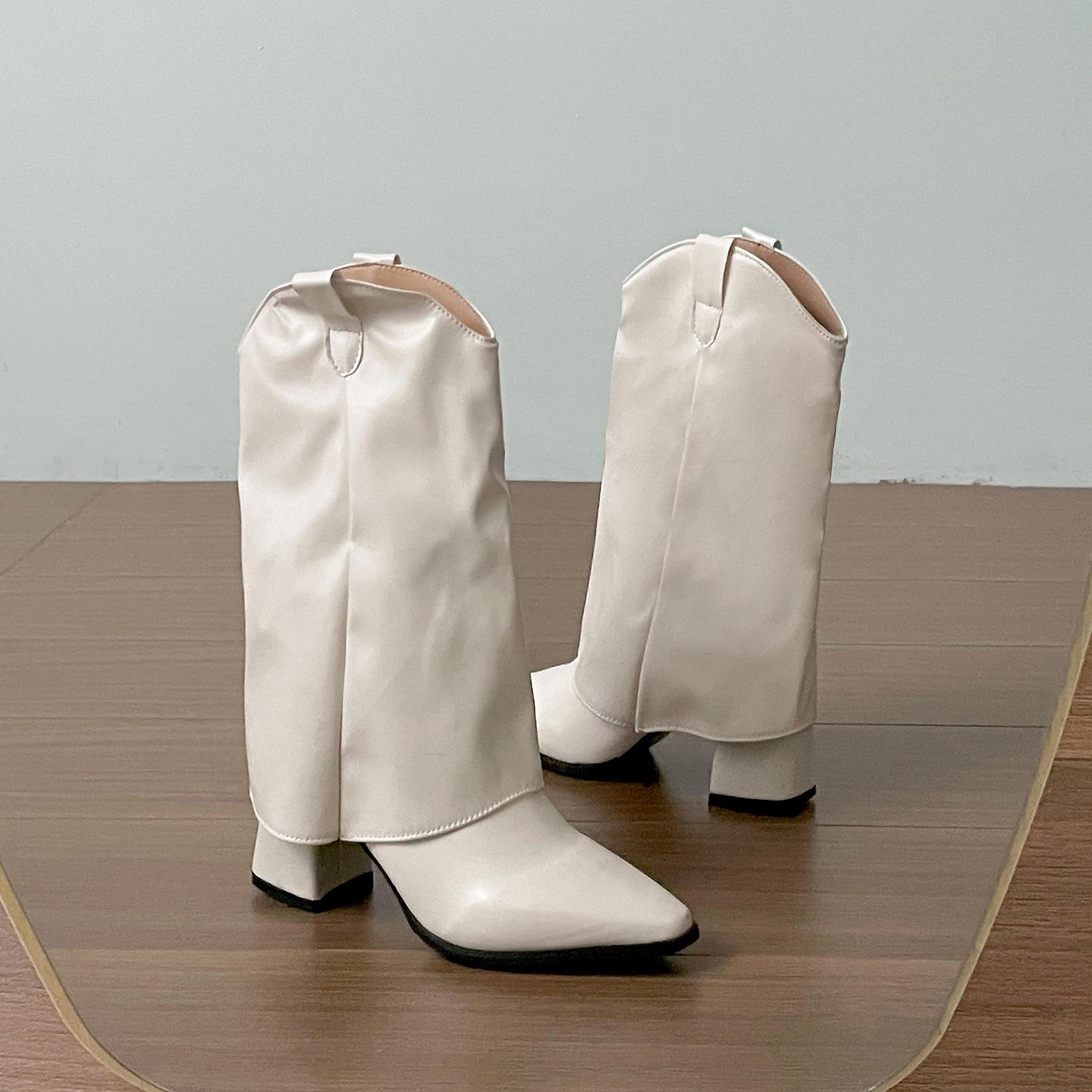 

White high-end retro thick-heeled boots children s boots 2025 new autumn with skirt and thin trouser tube boots 40