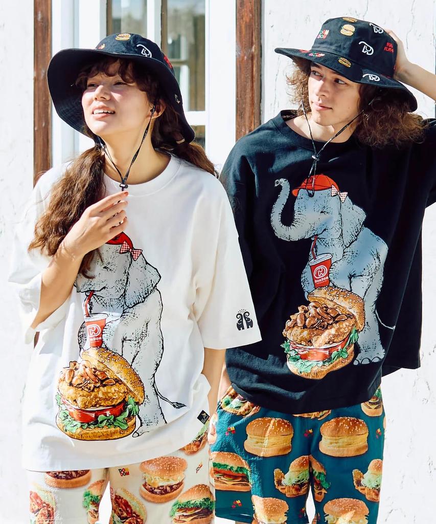 [go Slow Caravan] 341963 DOMDOM×gsc Miso Peach Chicken Burger Elephant BIG TEE White L