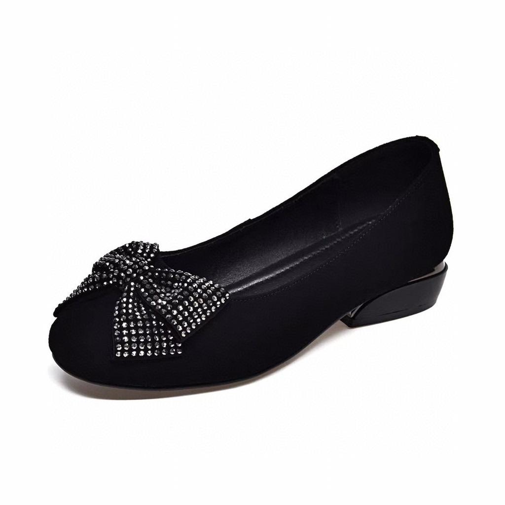 Single shoes women's early autumn new round head shallow mouth flats black sheepskin bow rhinestones