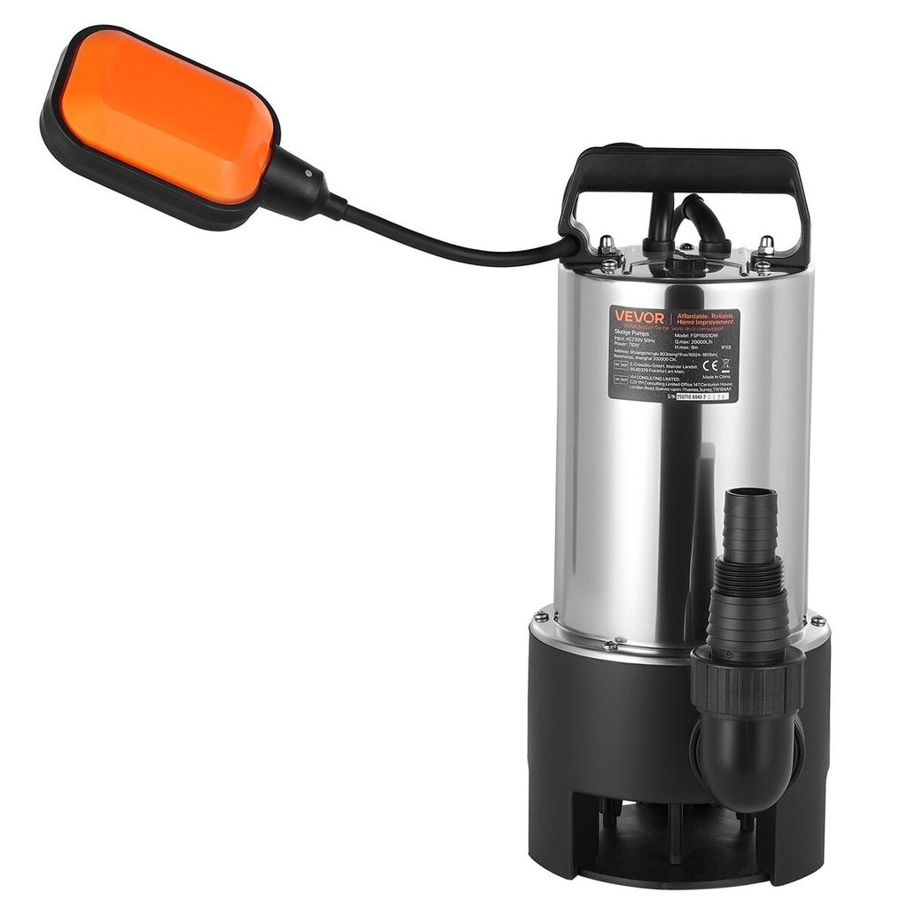 Pompa Sommersa per Pozzetto 710W, 20000 L/H, Pompa Sommersa in Acciaio Inossidabile per Acque Sporche e Pulite con Interruttore a Galleggiante Automatico, Cavo Lungo, Prevalenza Massima 9M,