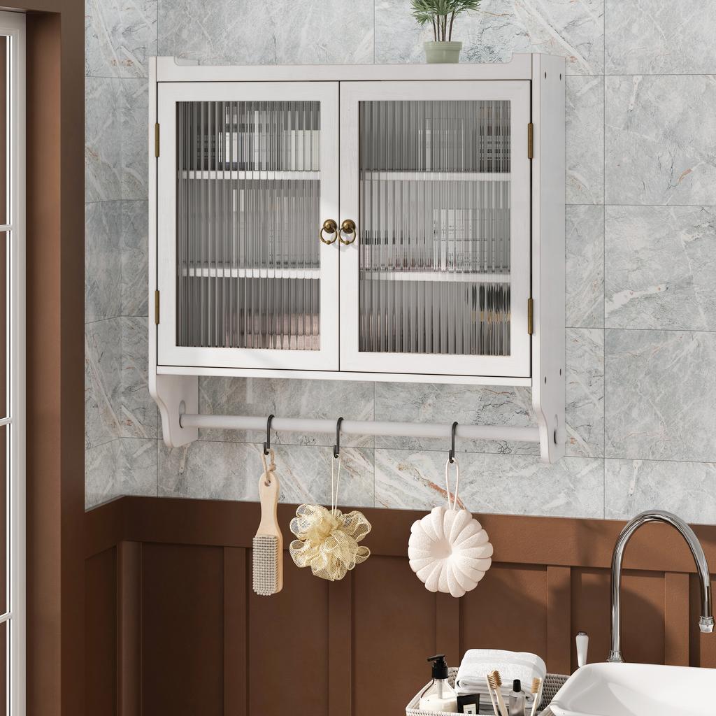 60CM Glass Door Vintage Double Door Wall Cabinet with Three Tiers of Storage with Towel Rack, for Bathroom, Kitchen,Dining Room, White Washed