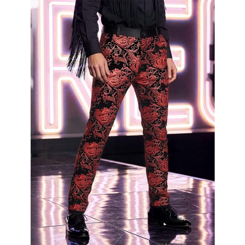 Męskie spodnie wizytowe żakardowe w stylu barokowym, slim fit