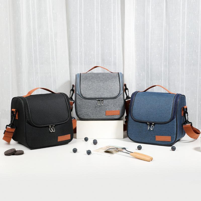 Grey Oxford Insulated Lunch Bag Leakproof Lining Adjustable Shoulder Strap For Work School Picnic