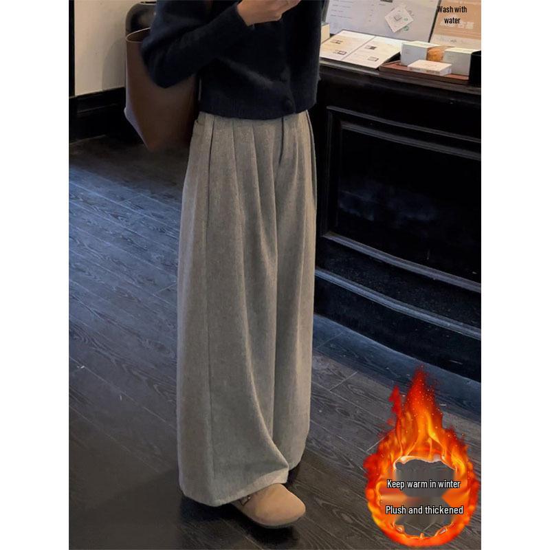 Korean Style Wide-Leg Pleated Wool Pants, Winter 2025 Versatile Women's Plus Velvet Straight Casual Trousers