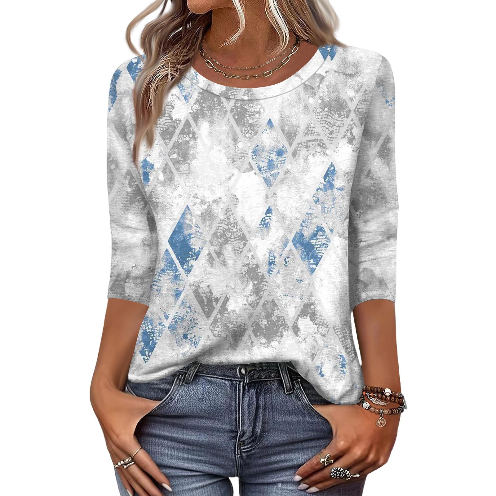 

Women s Fashion Casual Three-Quarter Sleeve Floral Print Round Neck Top XL белый