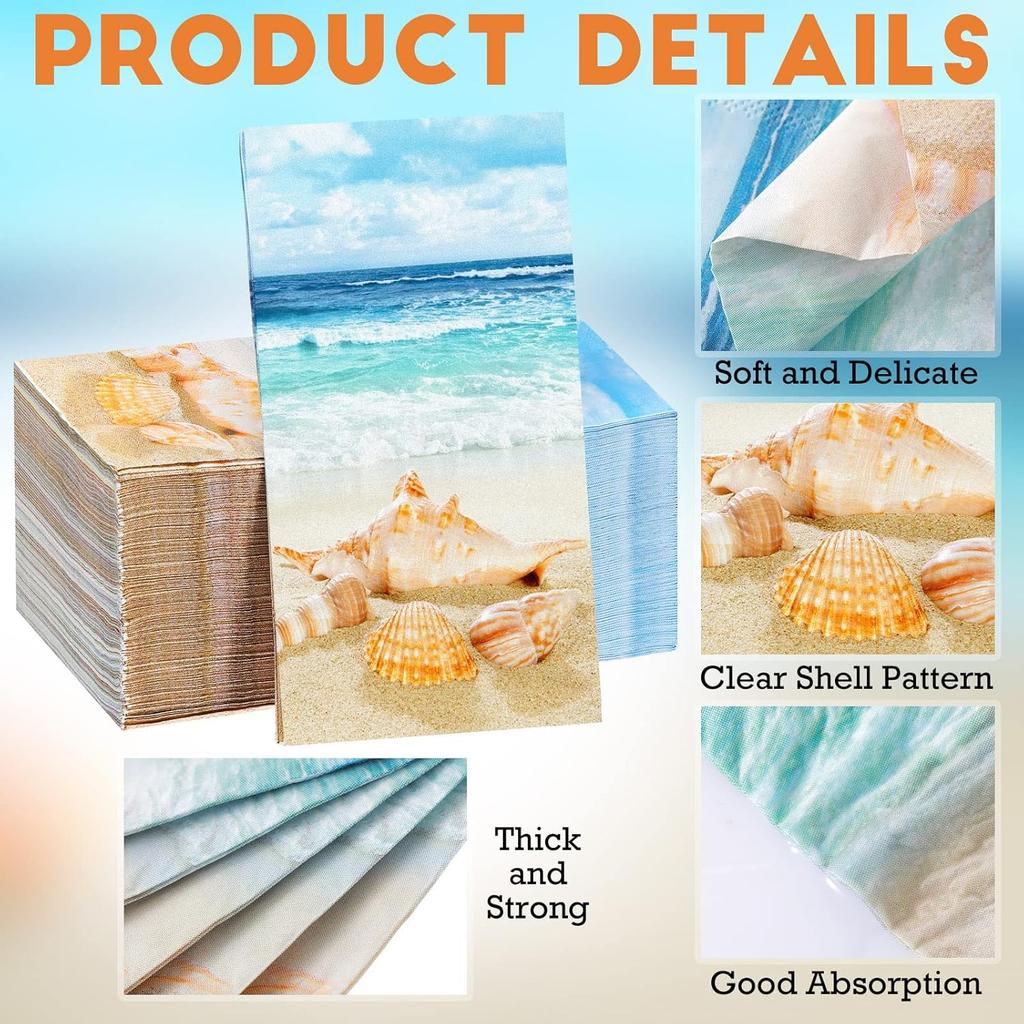 Crtiin 200 Pieces Nautical Beach Guest Napkins Bathroom Disposable Summer Tropical Ocean Coastal Towels Seashell Sea Beverage Paper Hand Napkins