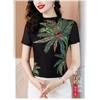 Women's Black Leaf Print Mesh Top Short Sleeve Slim Fit Casual Blouse